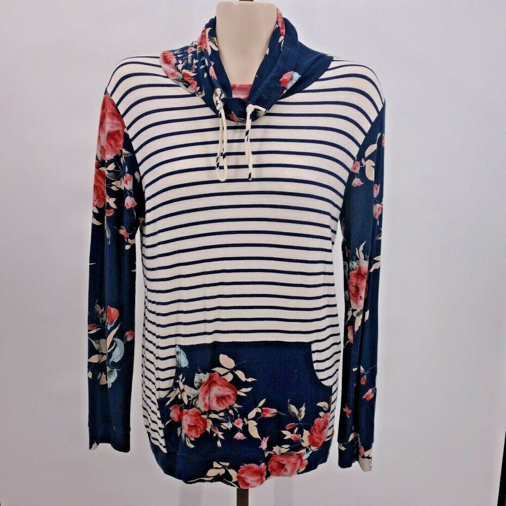 7th Ray Blue White Striped Floral Cowl Neck Drawstring Boutique Shirt Small